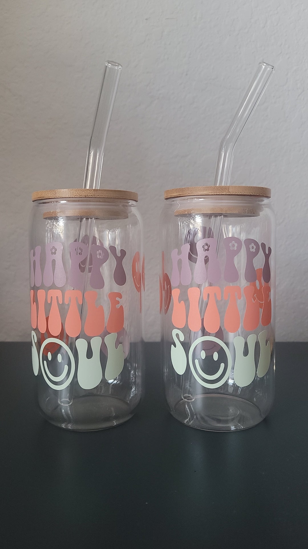 Cute Glass Mug With Bamboo Lid and Plastic Straw 